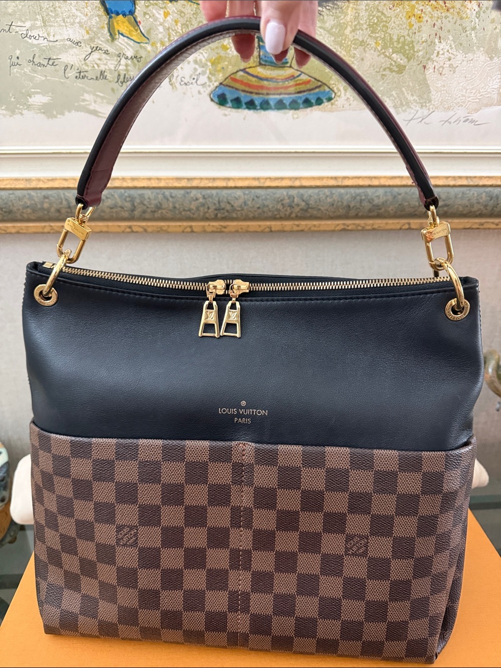 Louis Vuitton Black & Brown Damier Hobo Shoulder Bag with Gold Hardware